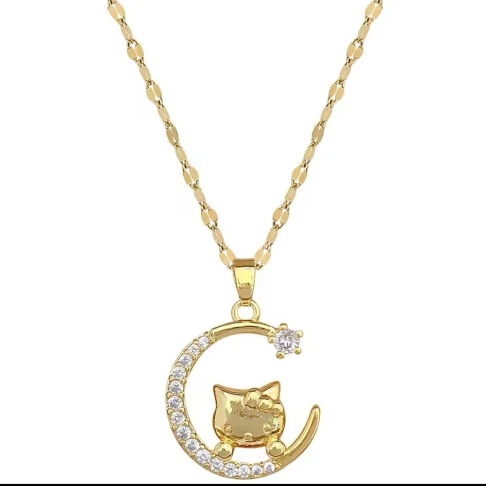 18K Gold Hello Kitty Head In Crescent Moon & Star Diamond Inlay Pendant Necklace